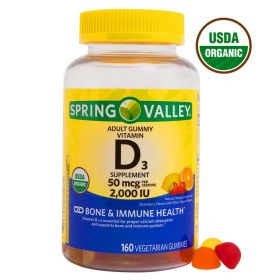 Spring Valley USDA Organic Vitamin D3 Vegetarian Gummies, Assorted Fruits, 50 mcg, 160 Count