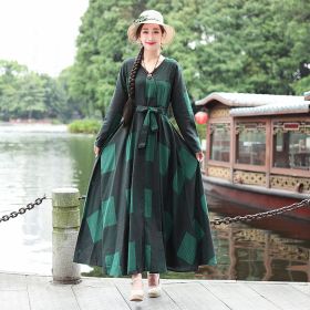 Fashion Plus size Cotton And Linen Mid-length Dress Loose And Thin Long Skirt (Option: Green-M)