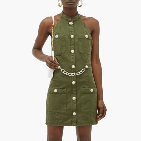 Women Lion Buttons Chain Green Cotton Backless Halter Dress (Option: Green-S)